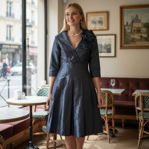 Teri Jon Dresses & Skirts - Teri Jon Dress Womens 8 Black Satin Fit Flare 3/4 Sleeve Floral Applique Formal